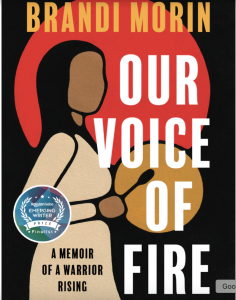 Book cover with illustration of an Indigenous woman drumming in front of a large red moon